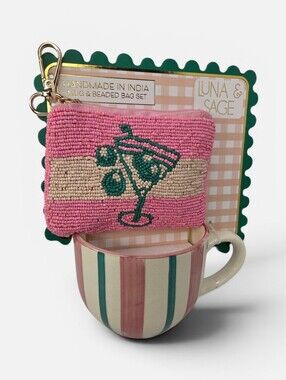 💕▪️Luna & Sage▪️ 2pc  Pink Beaded Martini Coin Pouch  with Striped Ceramic Mug